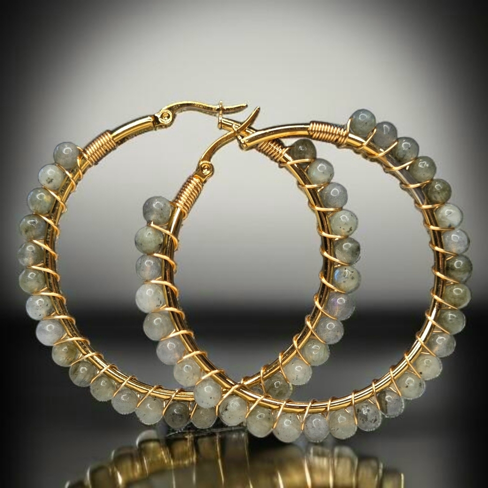 18k Gold Plated Boho Labradorite Stone Wire Wrapped Bead Hoops - Picture 5 of 5